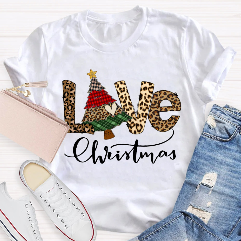 Love Christmas Leopard Print Font And Christmas Tree T-shirt