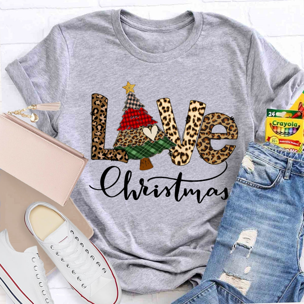 Love Christmas Leopard Print Font And Christmas Tree T-shirt