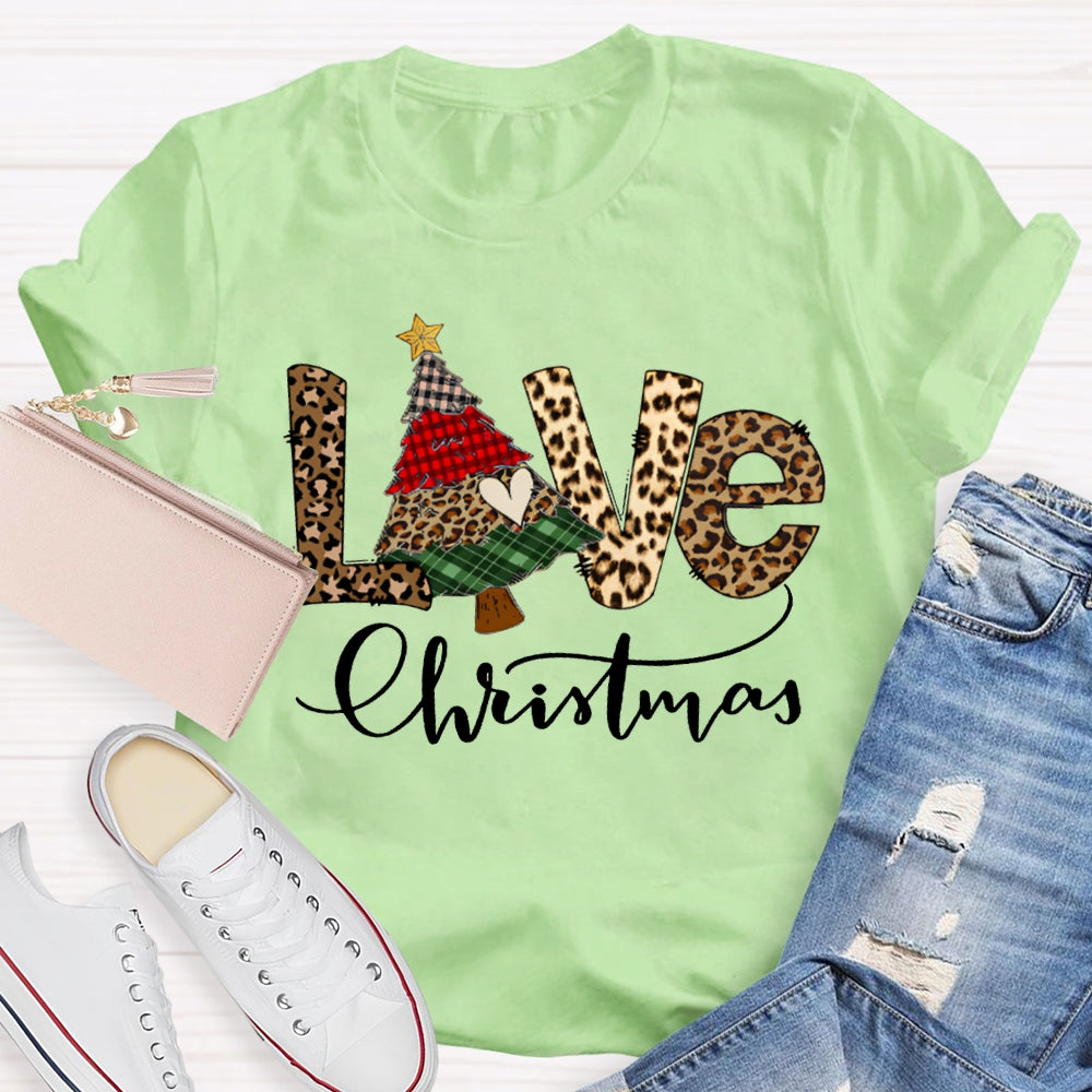 Love Christmas Leopard Print Font And Christmas Tree T-shirt