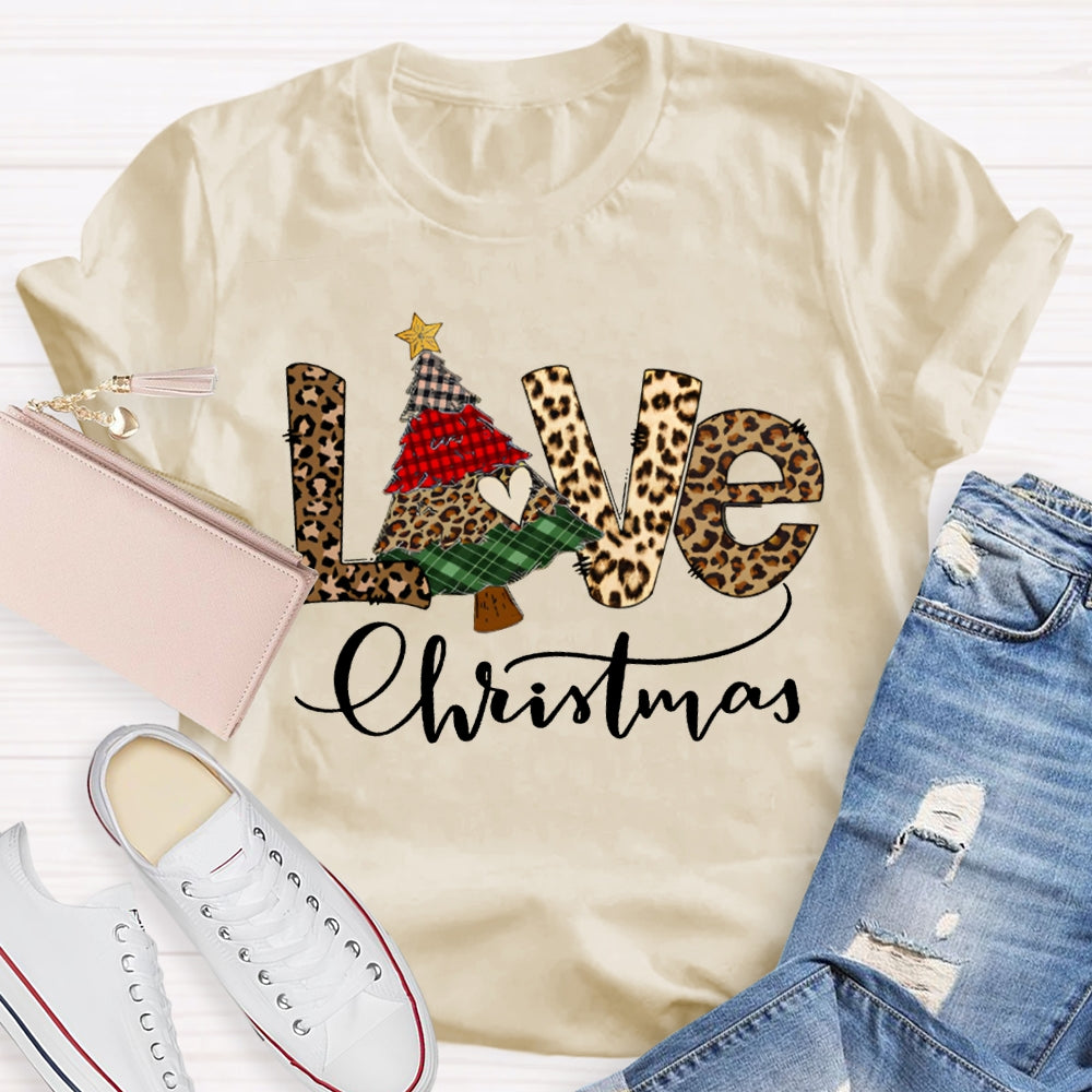 Love Christmas Leopard Print Font And Christmas Tree T-shirt
