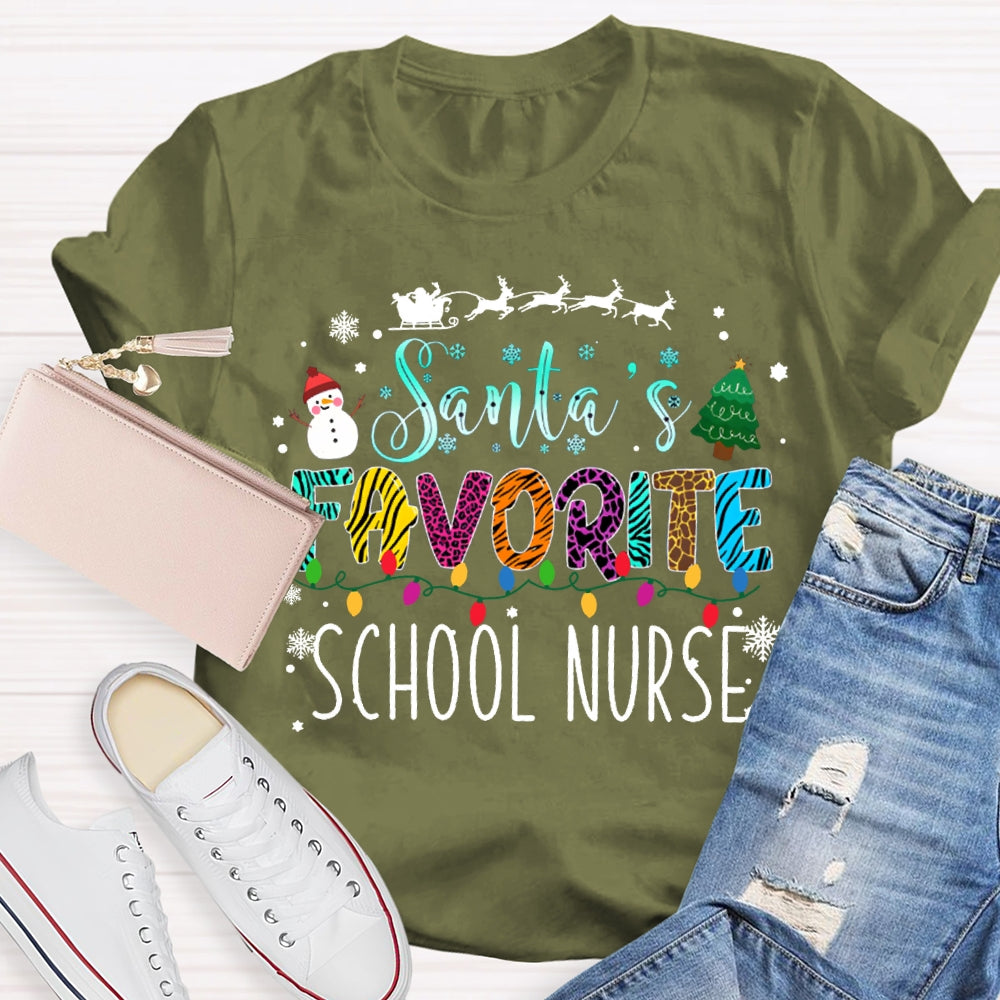 Santa'S Favorite School Nurse Christmas Lights And Christmas Vibes Fonts T-shirt
