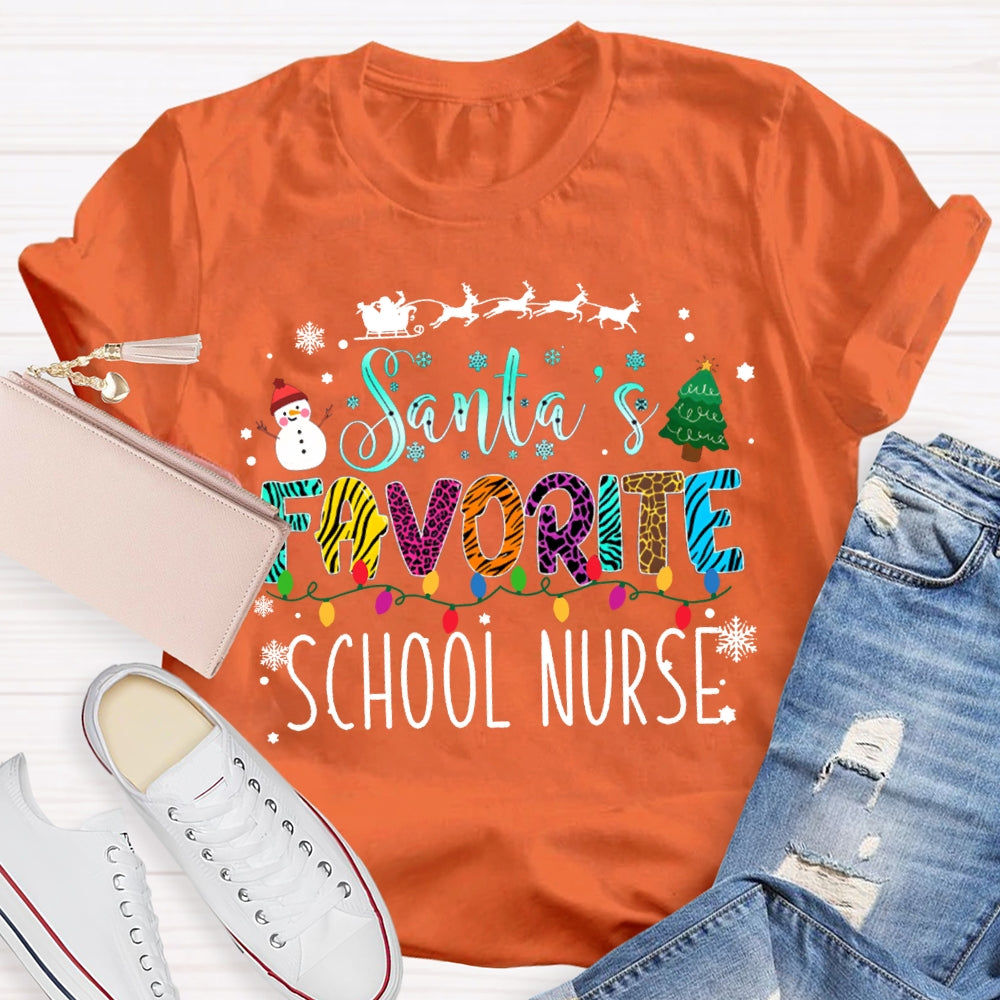 Santa'S Favorite School Nurse Christmas Lights And Christmas Vibes Fonts T-shirt