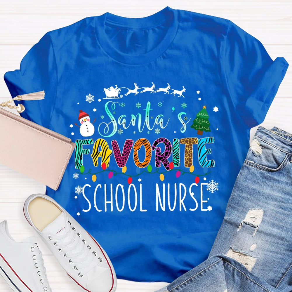 Santa'S Favorite School Nurse Christmas Lights And Christmas Vibes Fonts T-shirt
