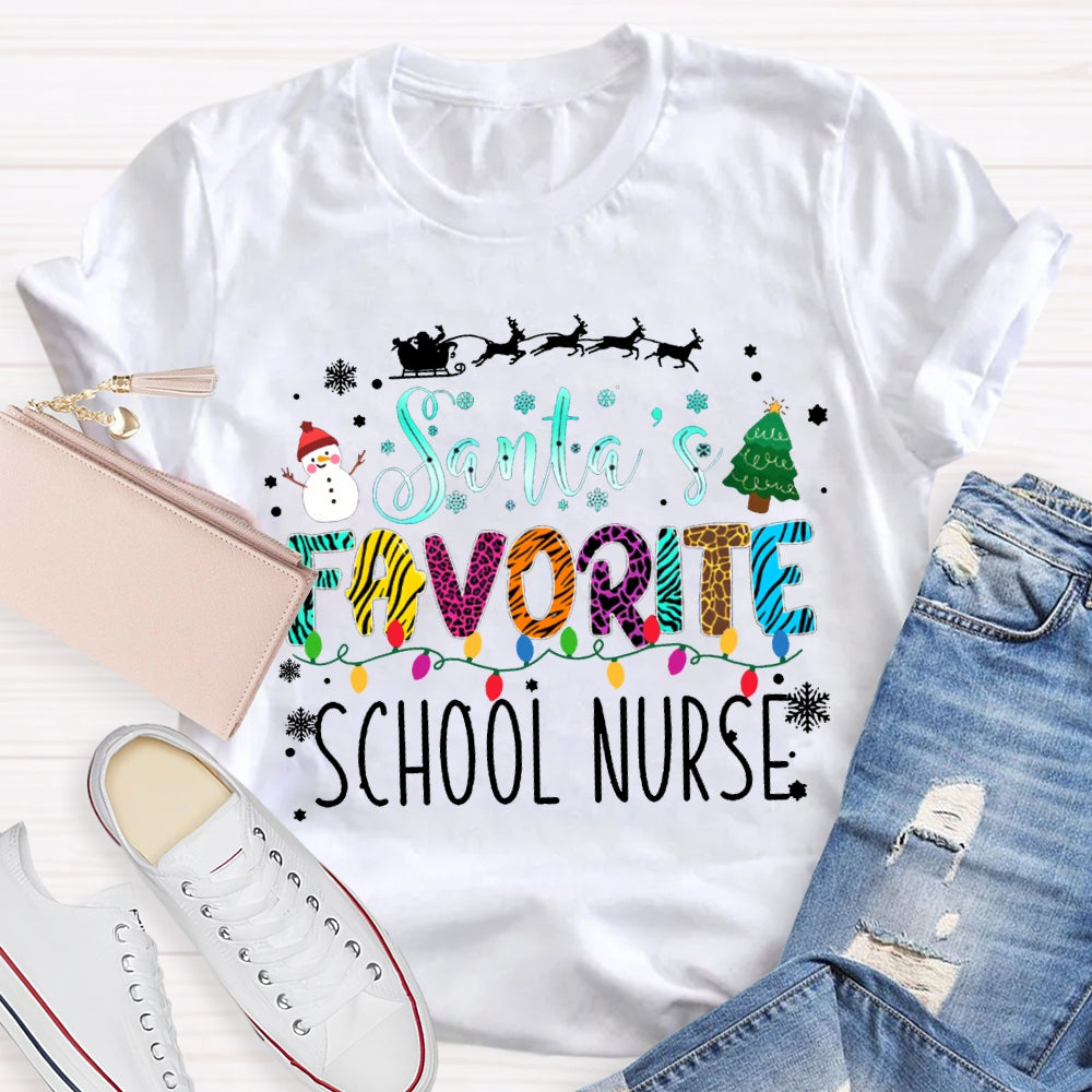 Santa'S Favorite School Nurse Christmas Lights And Christmas Vibes Fonts T-shirt