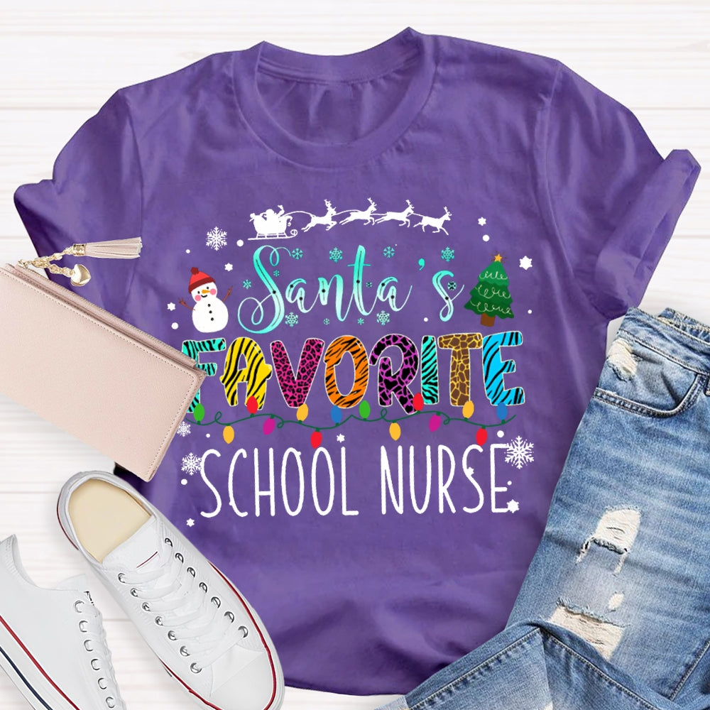 Santa'S Favorite School Nurse Christmas Lights And Christmas Vibes Fonts T-shirt