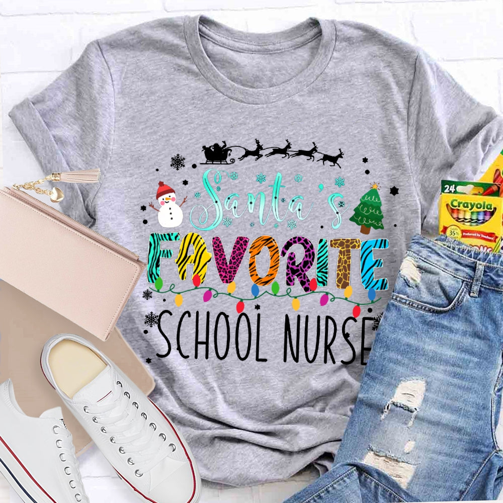 Santa'S Favorite School Nurse Christmas Lights And Christmas Vibes Fonts T-shirt