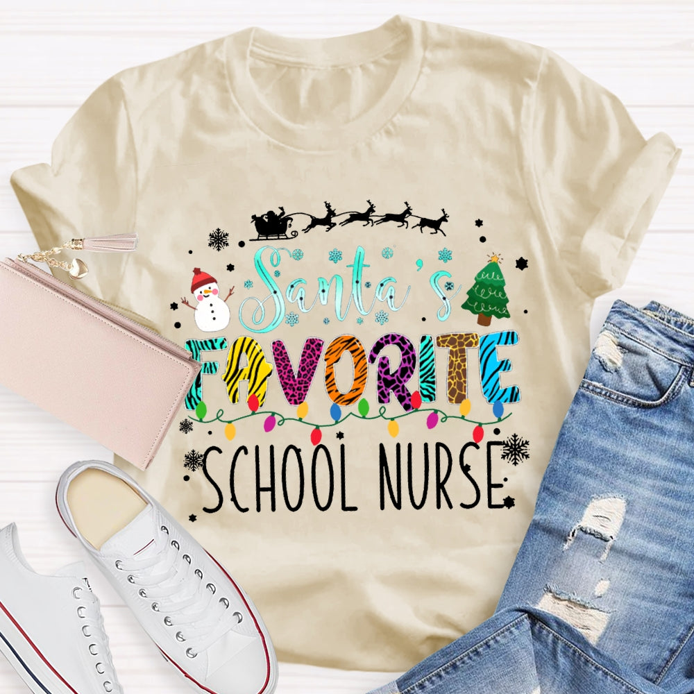 Santa'S Favorite School Nurse Christmas Lights And Christmas Vibes Fonts T-shirt