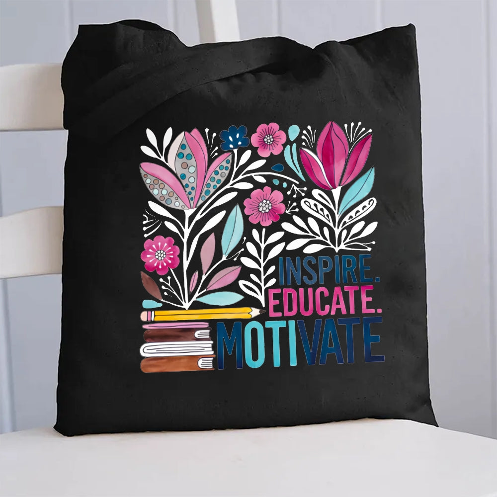 Inspire Educate Motivate Floral Canvas Tote Bag