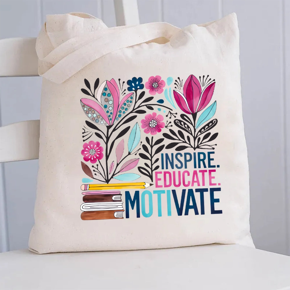 Inspire Educate Motivate Floral Canvas Tote Bag