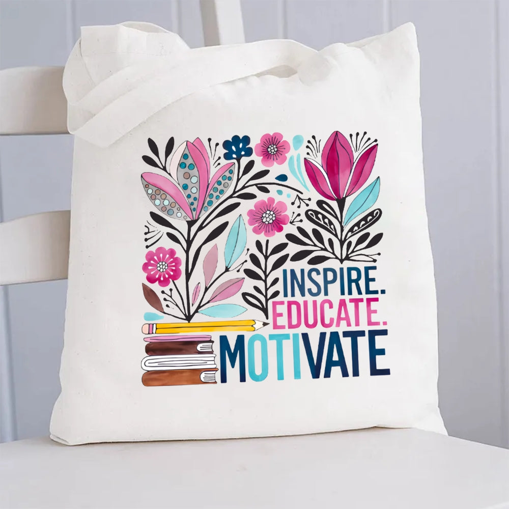 Inspire Educate Motivate Floral Canvas Tote Bag