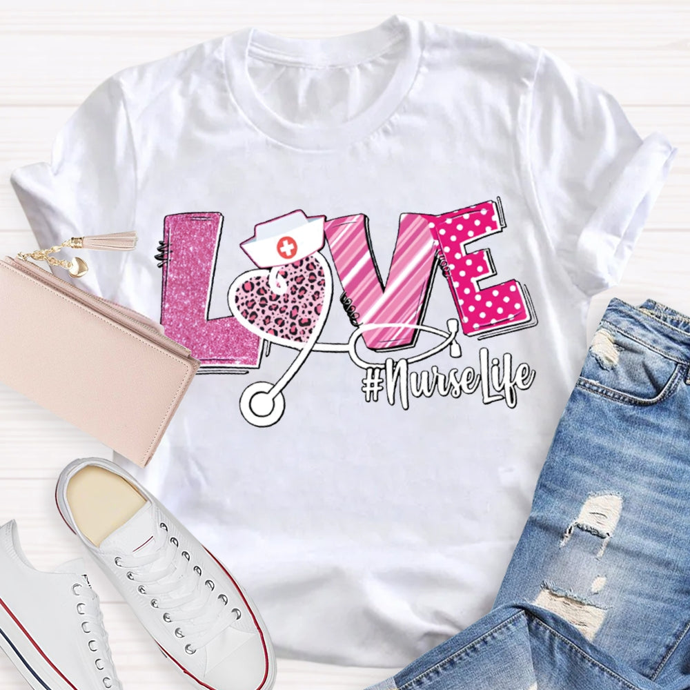 Love Nurse Life Leopard Print Hearts And Valentine'S Day Fonts T-shirt