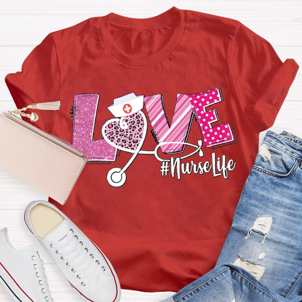 Love Nurse Life Leopard Print Hearts And Valentine'S Day Fonts T-shirt