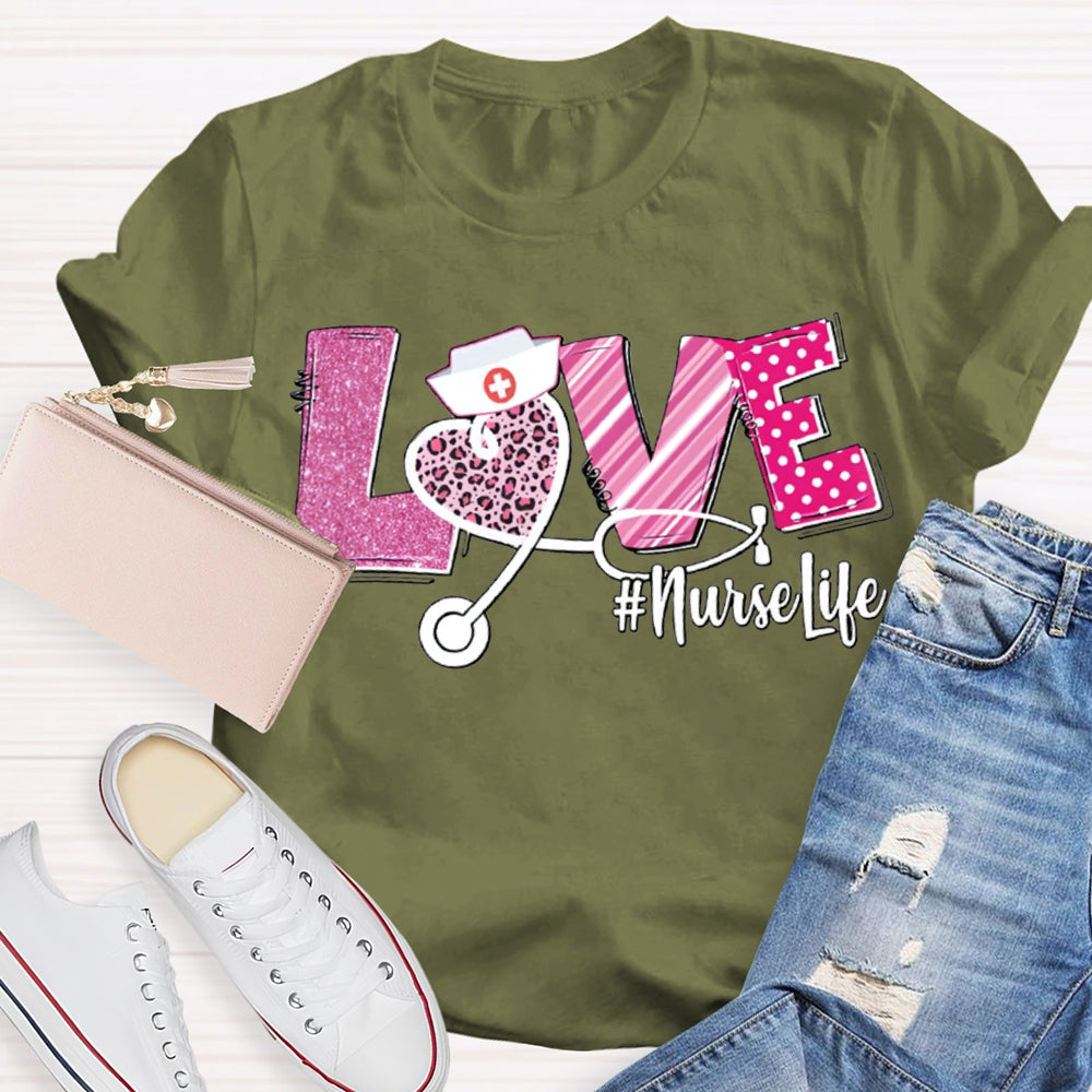 Love Nurse Life Leopard Print Hearts And Valentine'S Day Fonts T-shirt