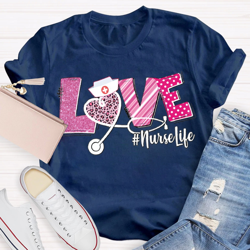 Love Nurse Life Leopard Print Hearts And Valentine'S Day Fonts T-shirt