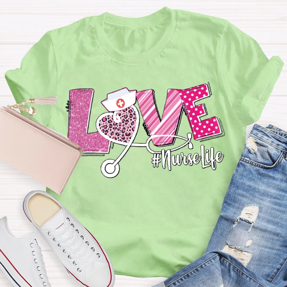 Love Nurse Life Leopard Print Hearts And Valentine'S Day Fonts T-shirt