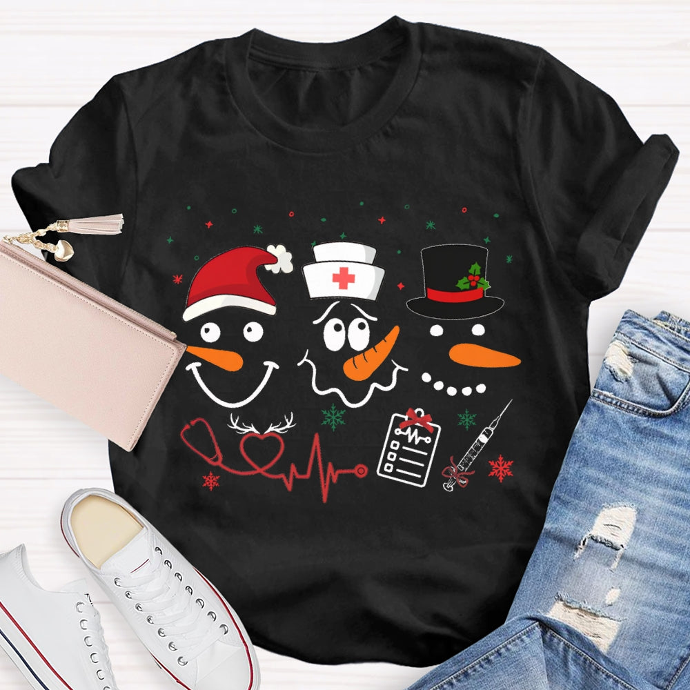 School Nurse Santa Hat And Simple Snowman Print T-shirt