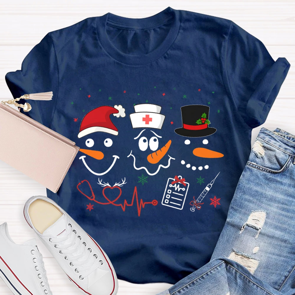 School Nurse Santa Hat And Simple Snowman Print T-shirt