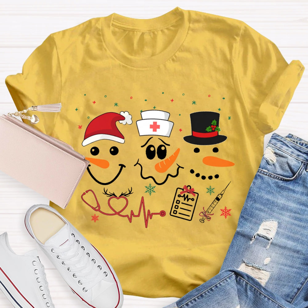 School Nurse Santa Hat And Simple Snowman Print T-shirt