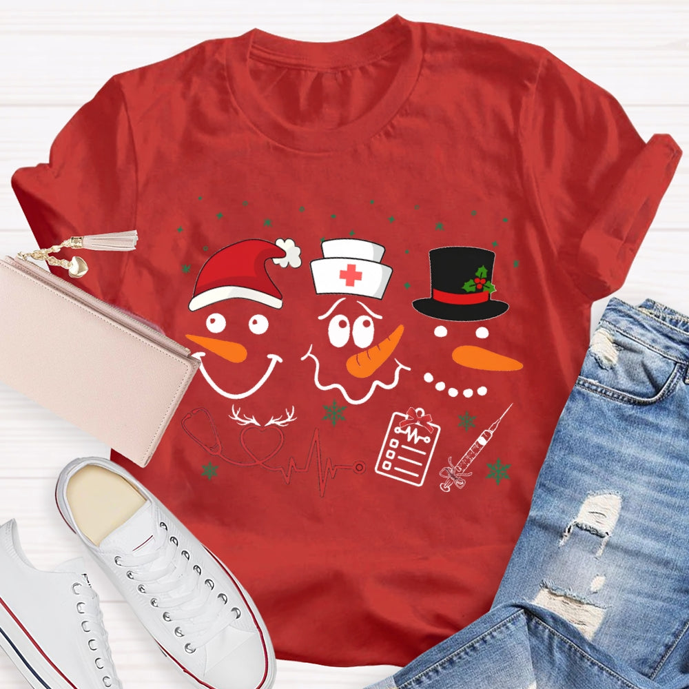 School Nurse Santa Hat And Simple Snowman Print T-shirt
