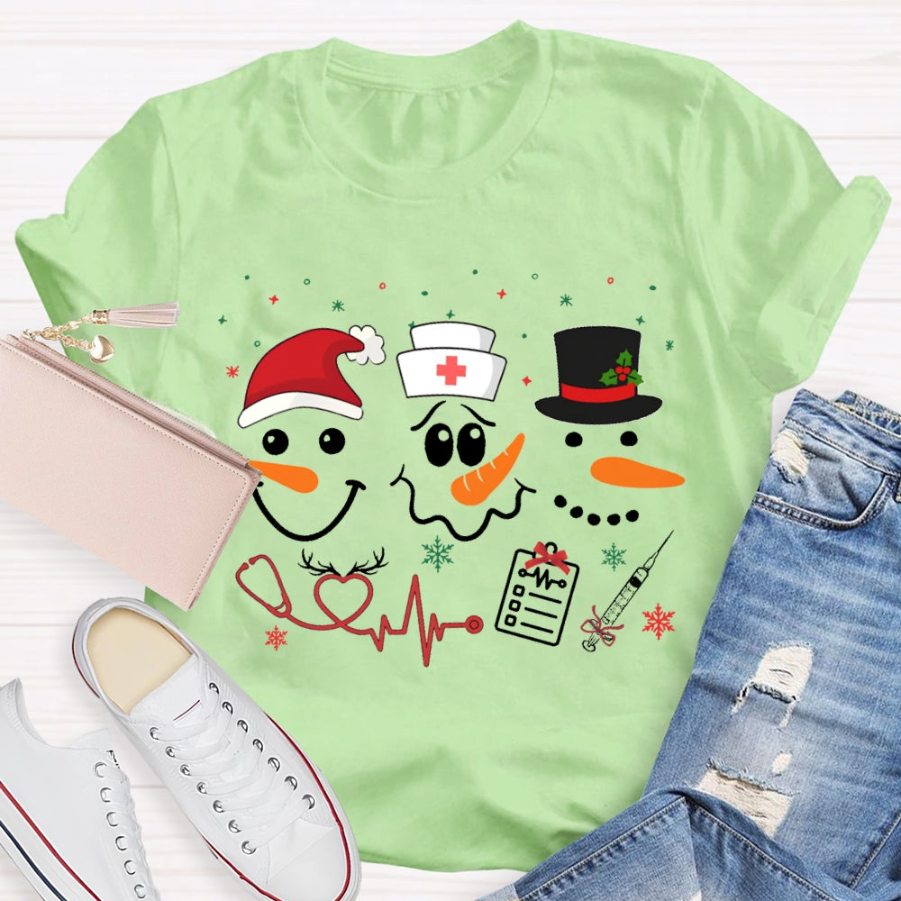 School Nurse Santa Hat And Simple Snowman Print T-shirt