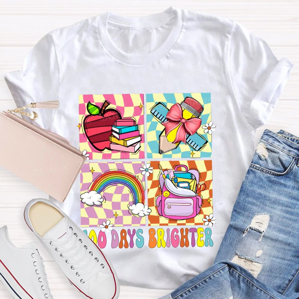 100 Days Brighter Rainbow Apple And Bow Pencil T-shirt