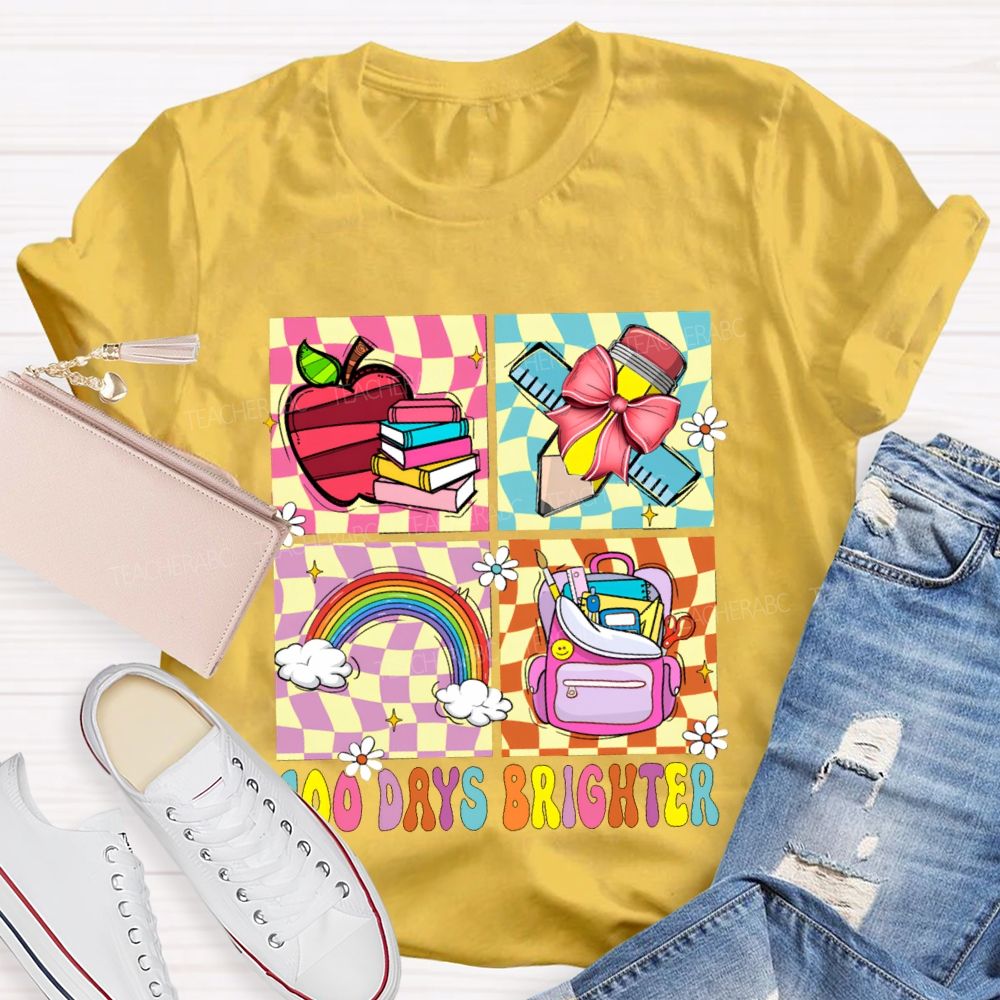 100 Days Brighter Rainbow Apple And Bow Pencil T-shirt