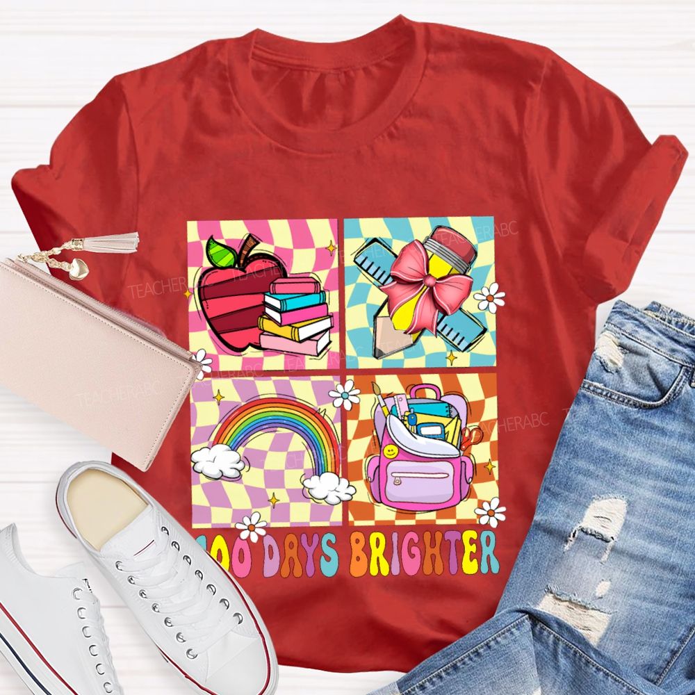 100 Days Brighter Rainbow Apple And Bow Pencil T-shirt