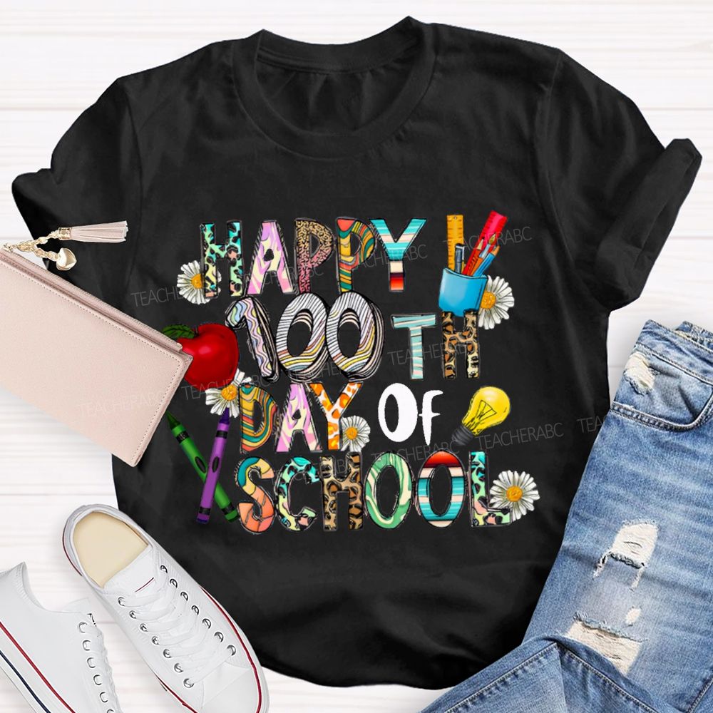 Happy 100th Day Of School Apple And Colored Fonts T-shirt