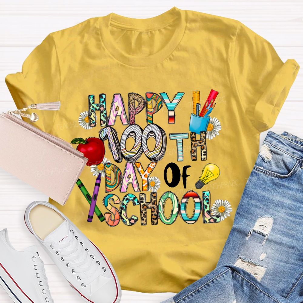 Happy 100th Day Of School Apple And Colored Fonts T-shirt