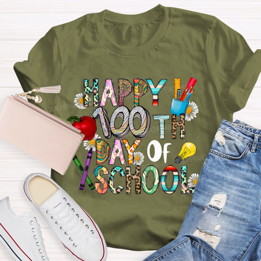 Happy 100th Day Of School Apple And Colored Fonts T-shirt