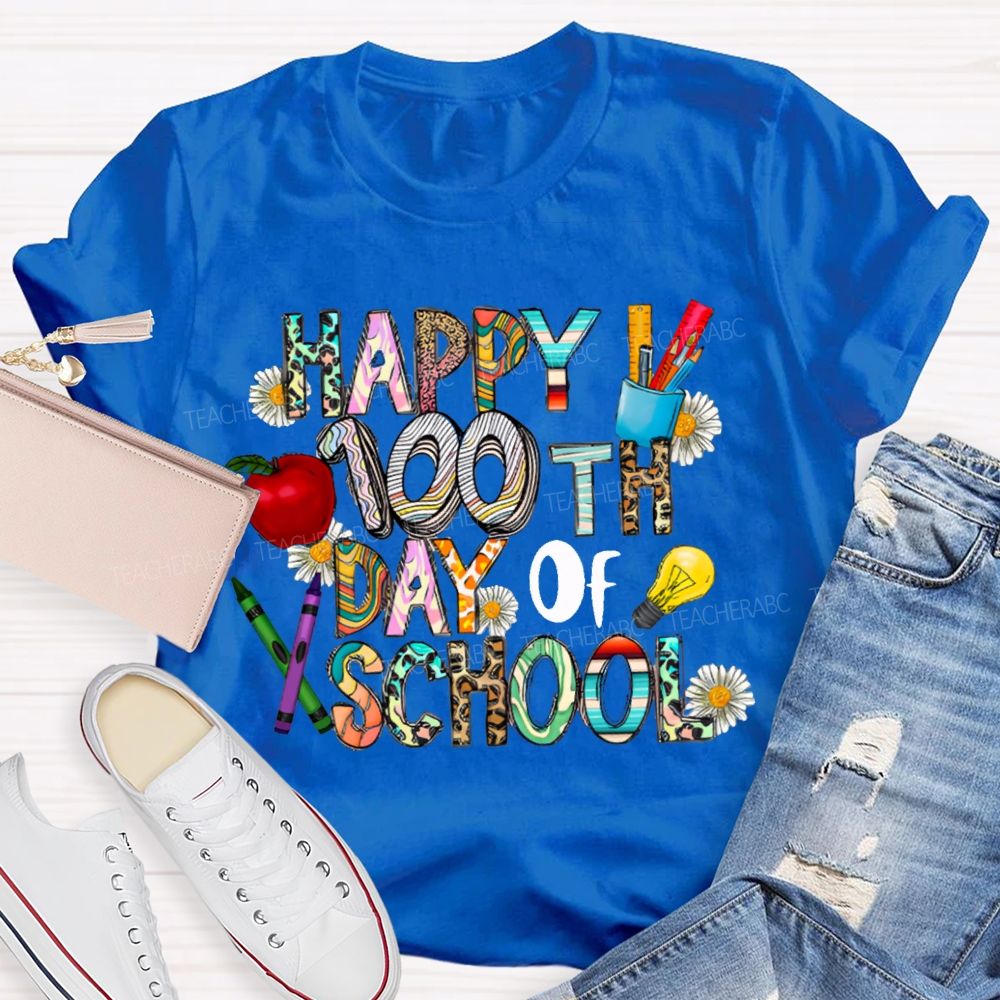 Happy 100th Day Of School Apple And Colored Fonts T-shirt
