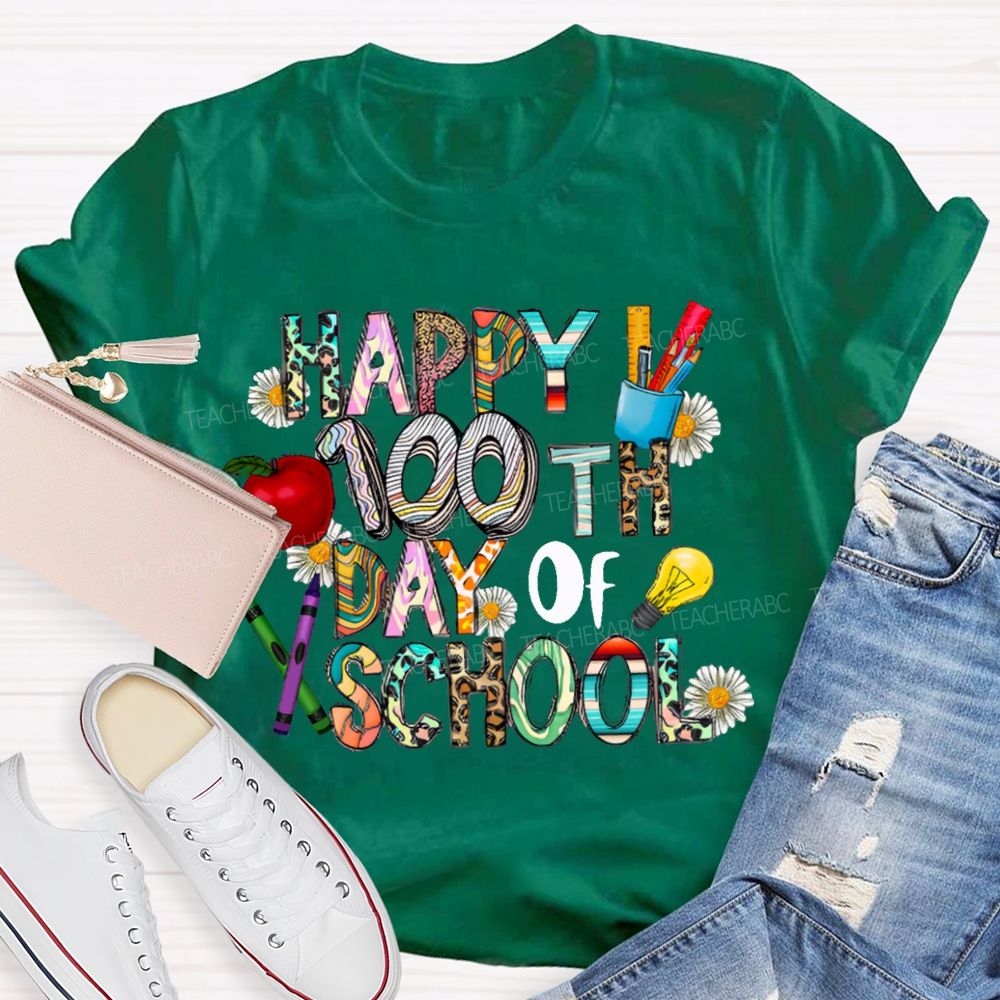 Happy 100th Day Of School Apple And Colored Fonts T-shirt