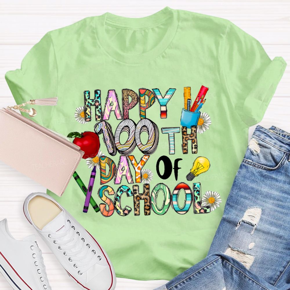Happy 100th Day Of School Apple And Colored Fonts T-shirt