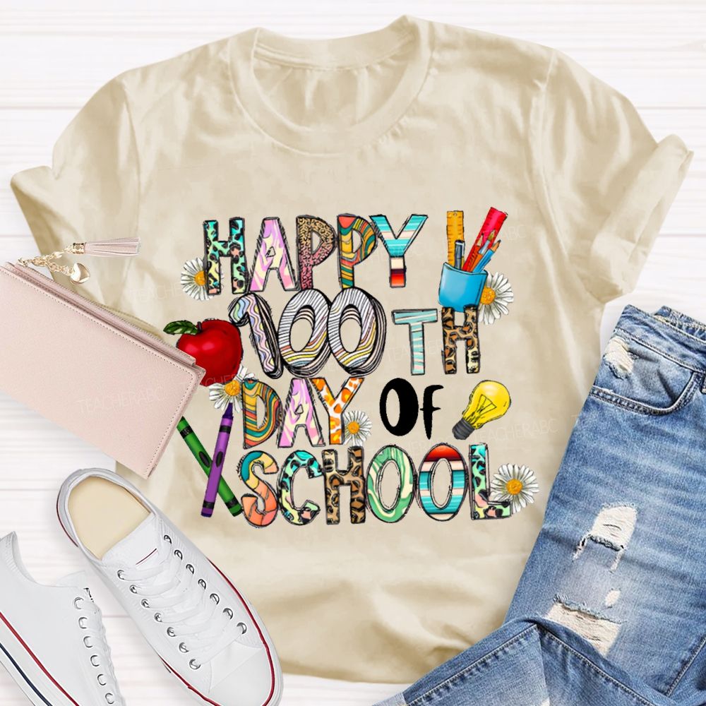 Happy 100th Day Of School Apple And Colored Fonts T-shirt