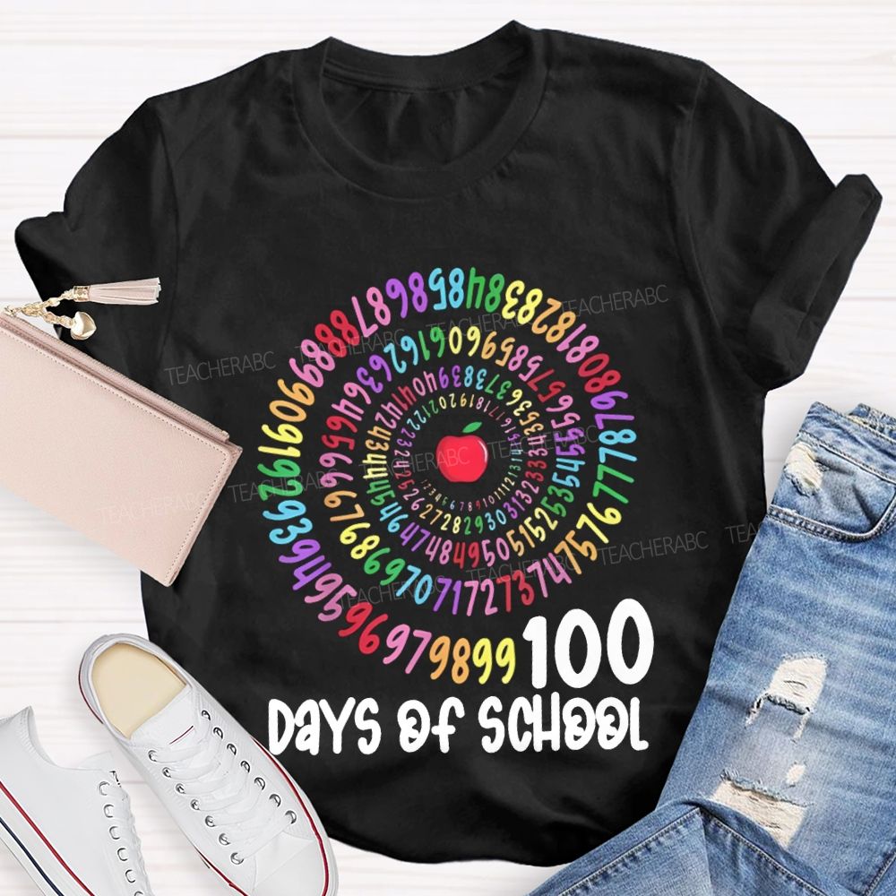 100 Days Of School Apple And Colorful Font Print T-shirt