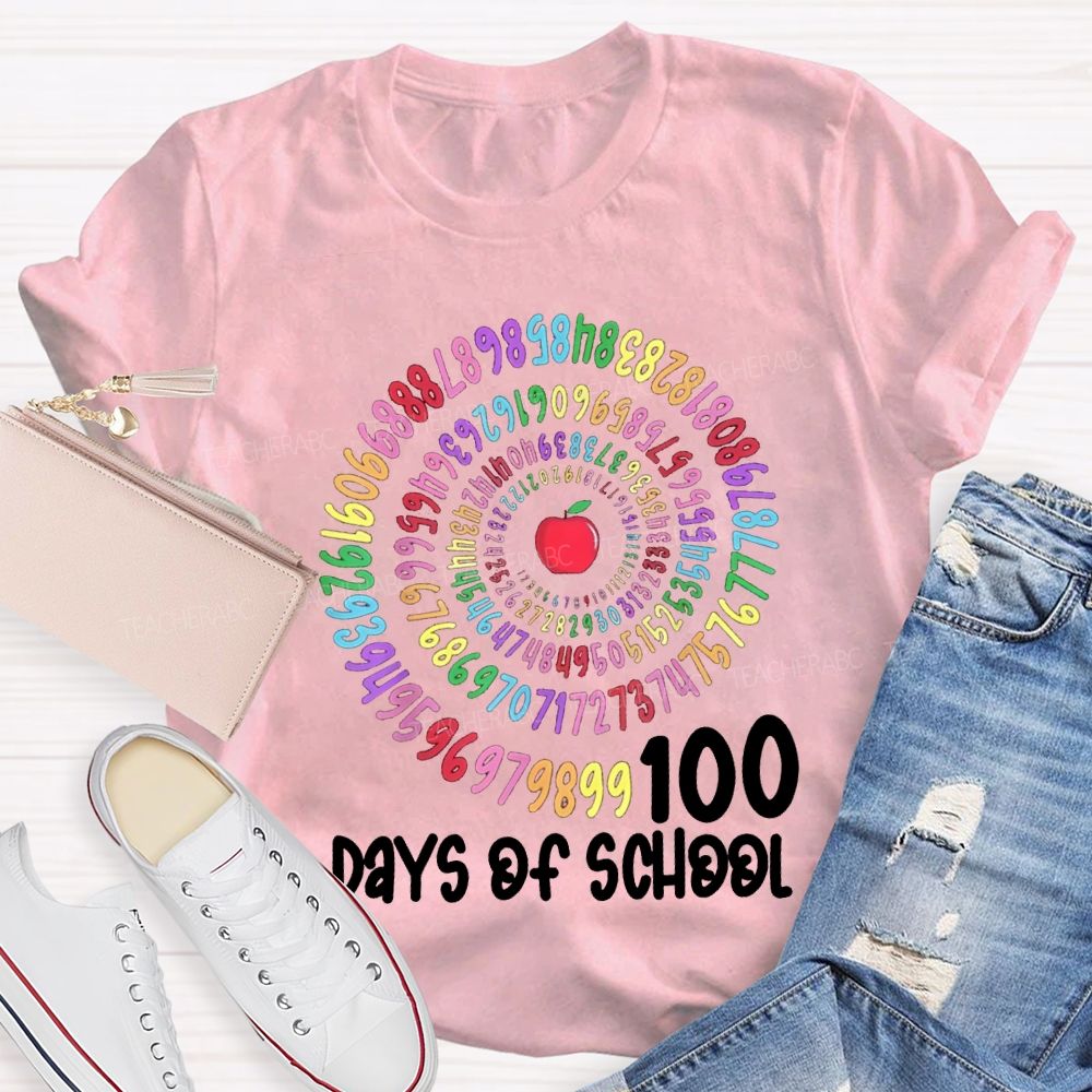 100 Days Of School Apple And Colorful Font Print T-shirt