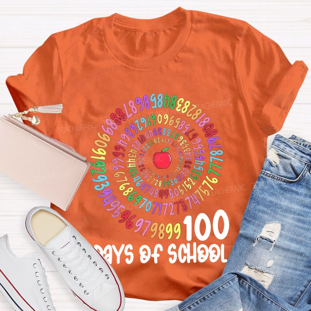 100 Days Of School Apple And Colorful Font Print T-shirt