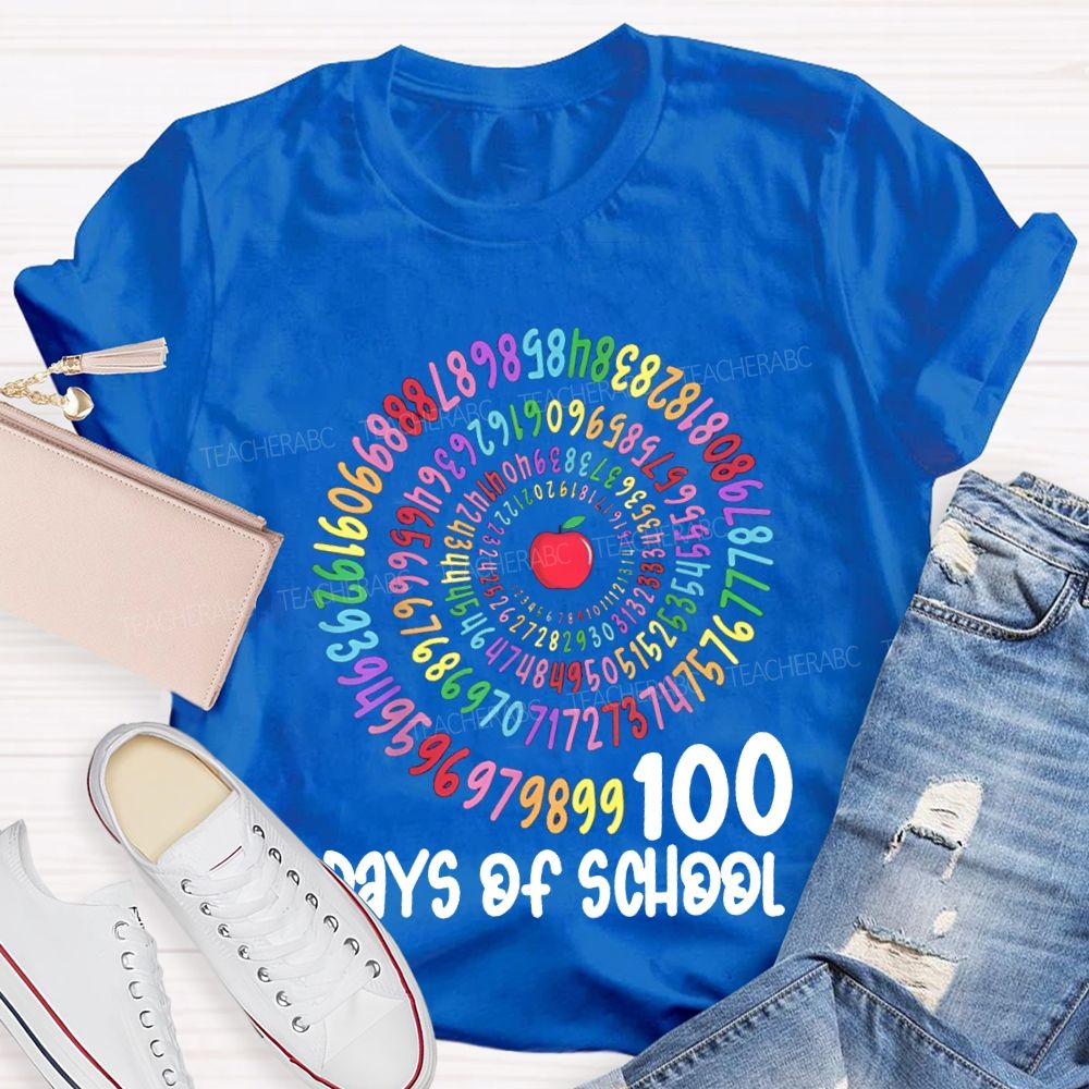 100 Days Of School Apple And Colorful Font Print T-shirt