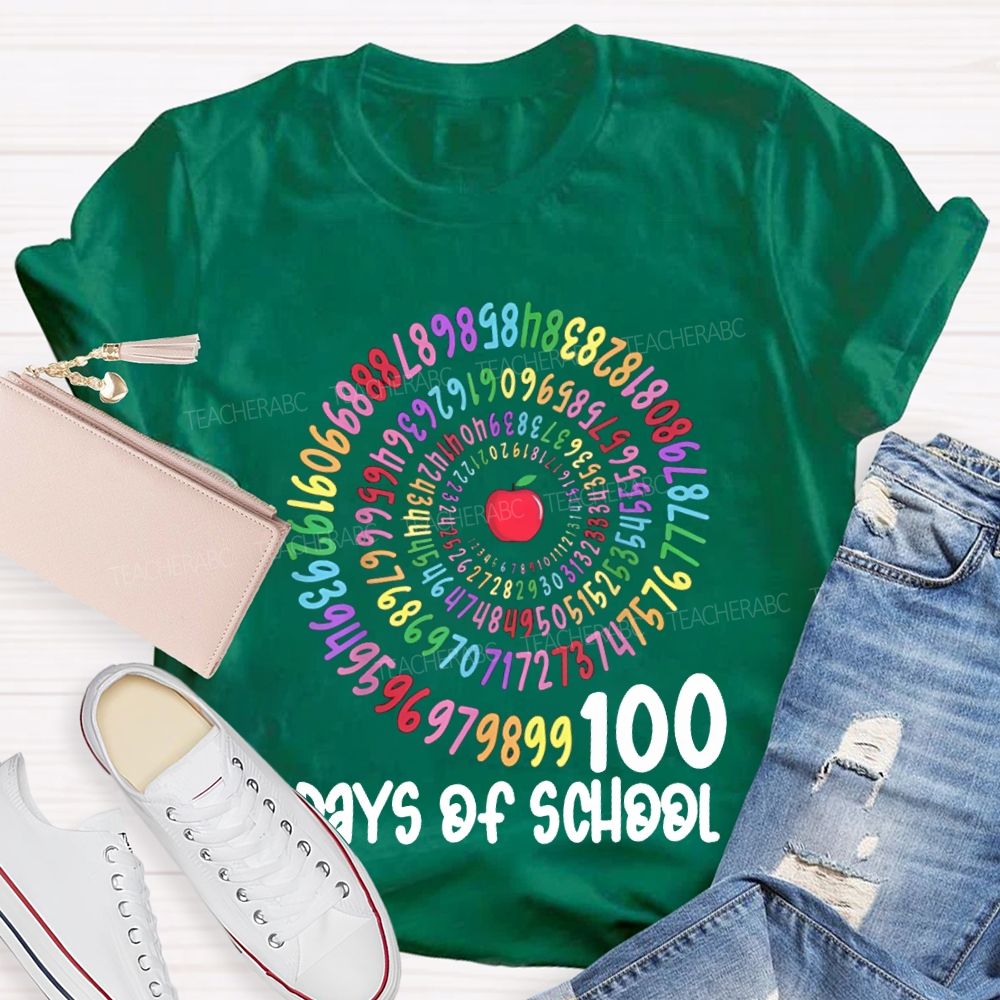 100 Days Of School Apple And Colorful Font Print T-shirt
