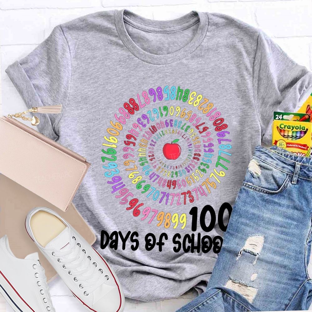 100 Days Of School Apple And Colorful Font Print T-shirt