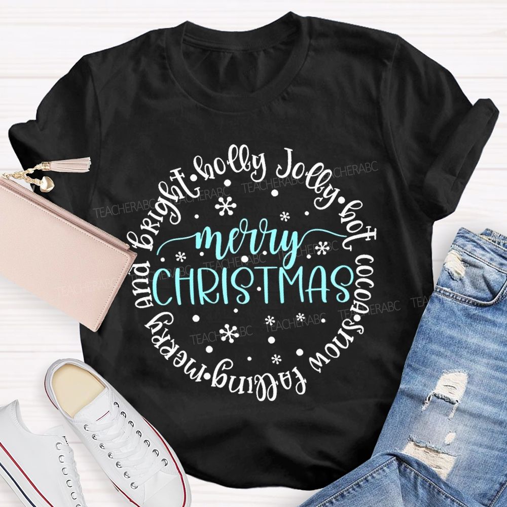 Merry Christmas And Bright Holly Jolly Hot Cocoa Snow Falling T-shirt