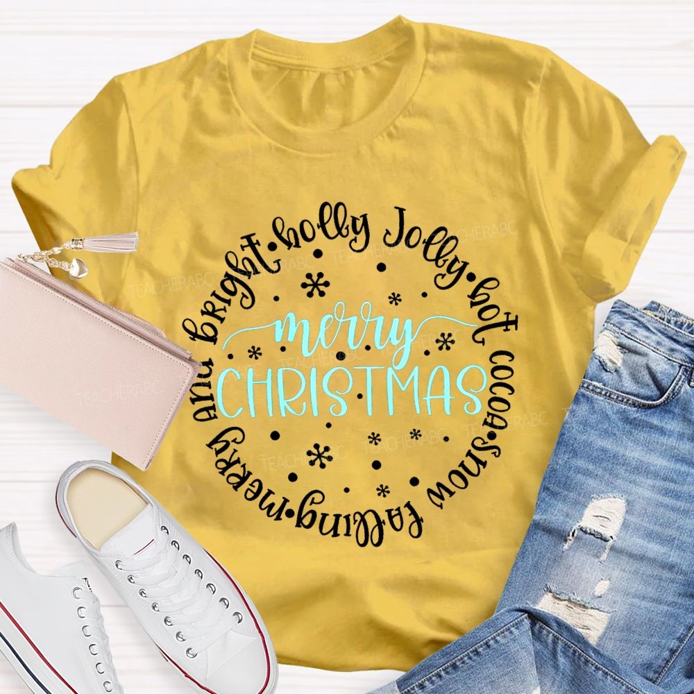 Merry Christmas And Bright Holly Jolly Hot Cocoa Snow Falling T-shirt