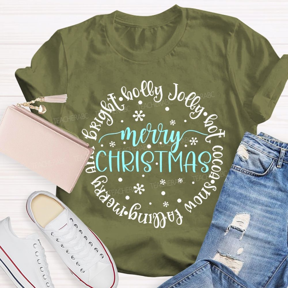 Merry Christmas And Bright Holly Jolly Hot Cocoa Snow Falling T-shirt