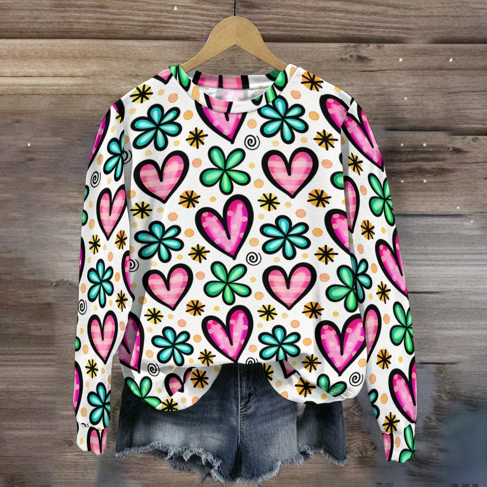 Floral Valentine's Day Pink Heart Print Sweatshirt
