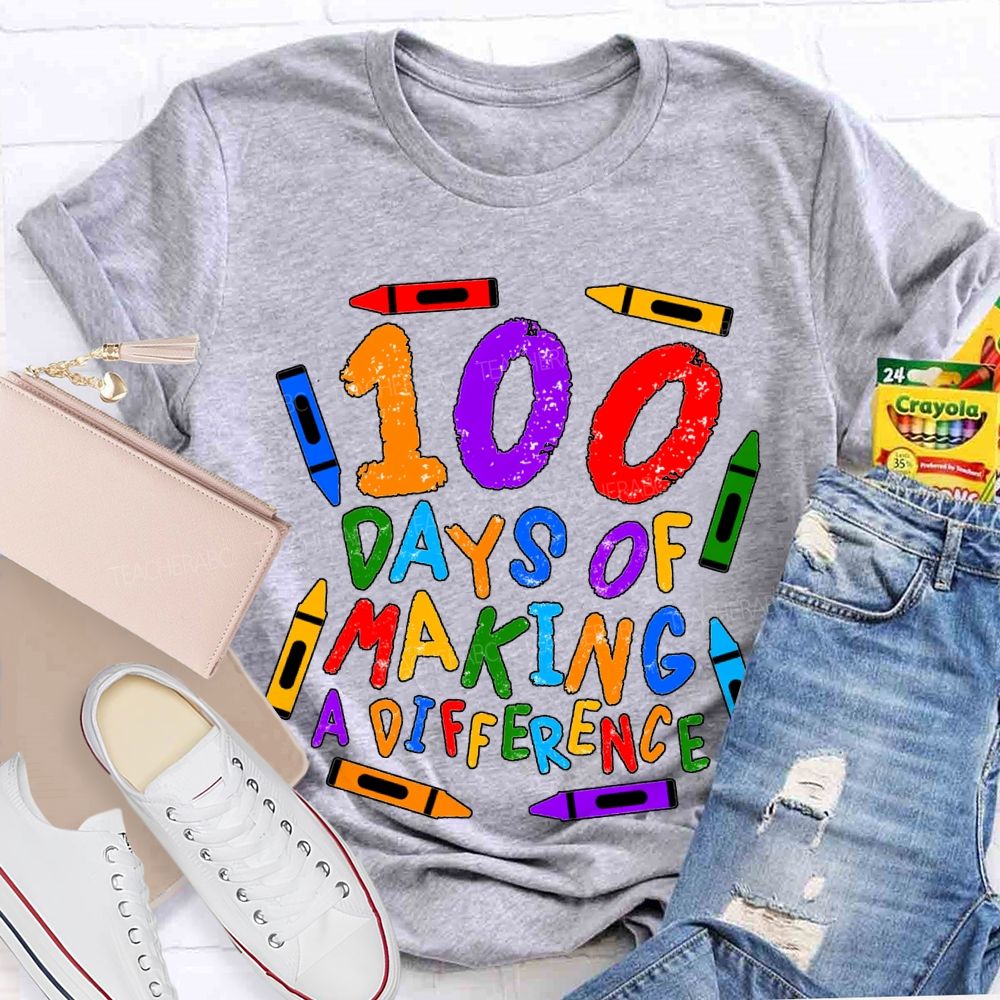 100 Days Making Difference Colored Crayons And Fonts T-shirt