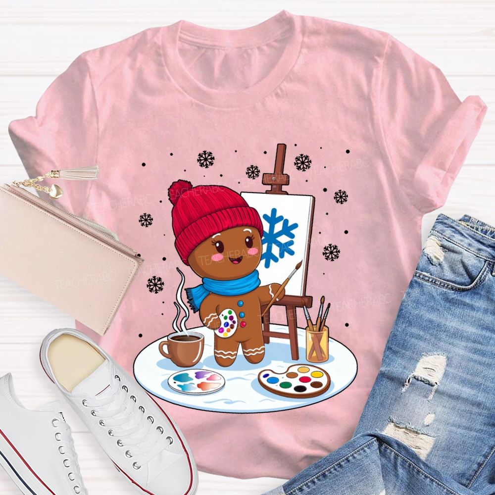 Gingerbread Man Drawing In The Snow Art Teacher Merry Christmas T-shirt