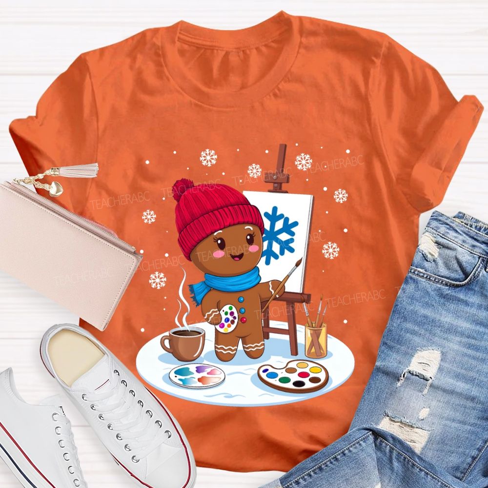 Gingerbread Man Drawing In The Snow Art Teacher Merry Christmas T-shirt