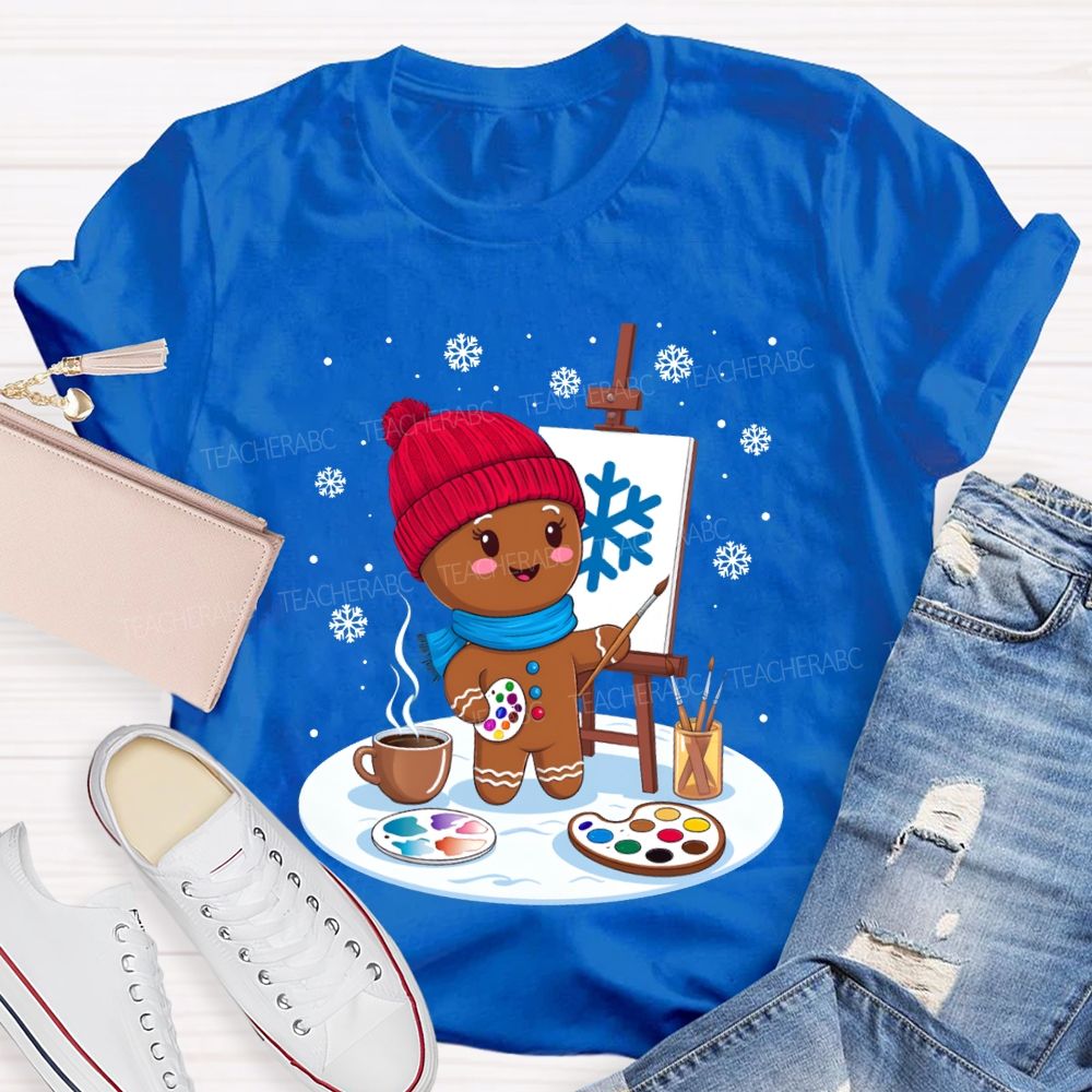 Gingerbread Man Drawing In The Snow Art Teacher Merry Christmas T-shirt