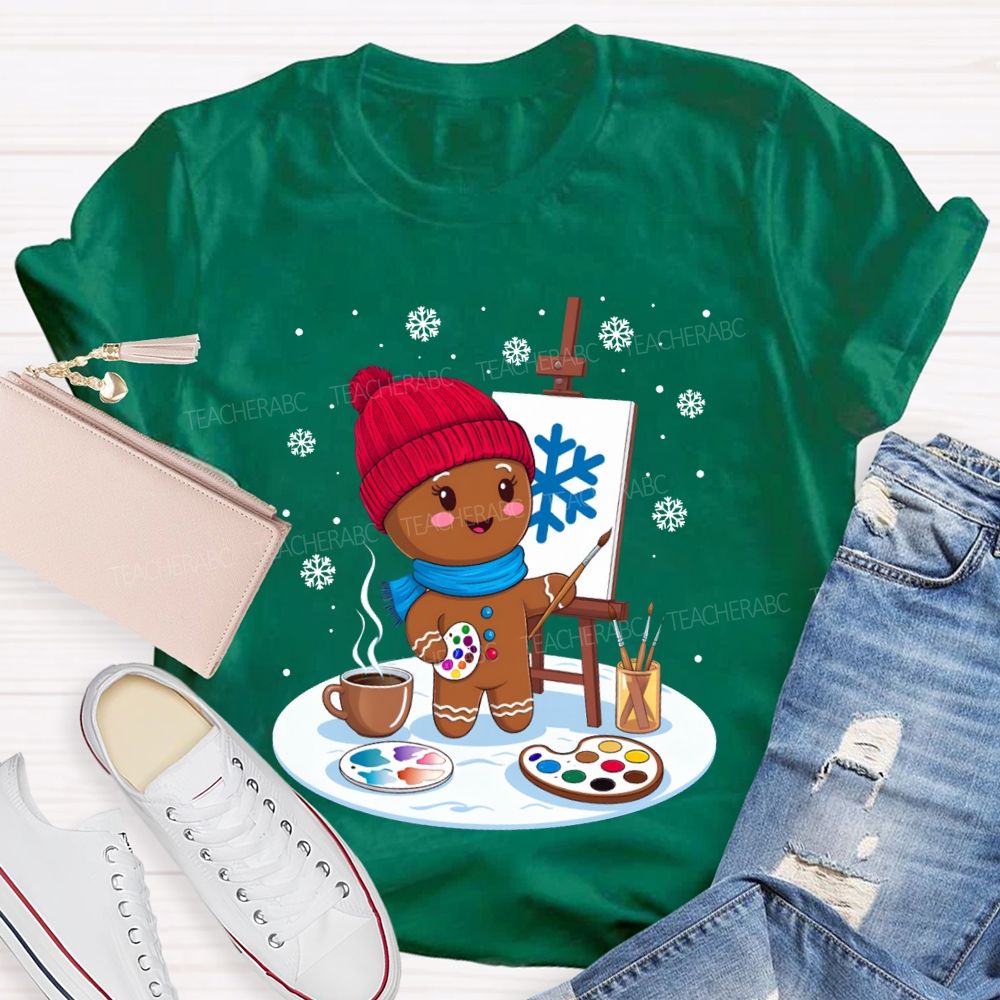 Gingerbread Man Drawing In The Snow Art Teacher Merry Christmas T-shirt