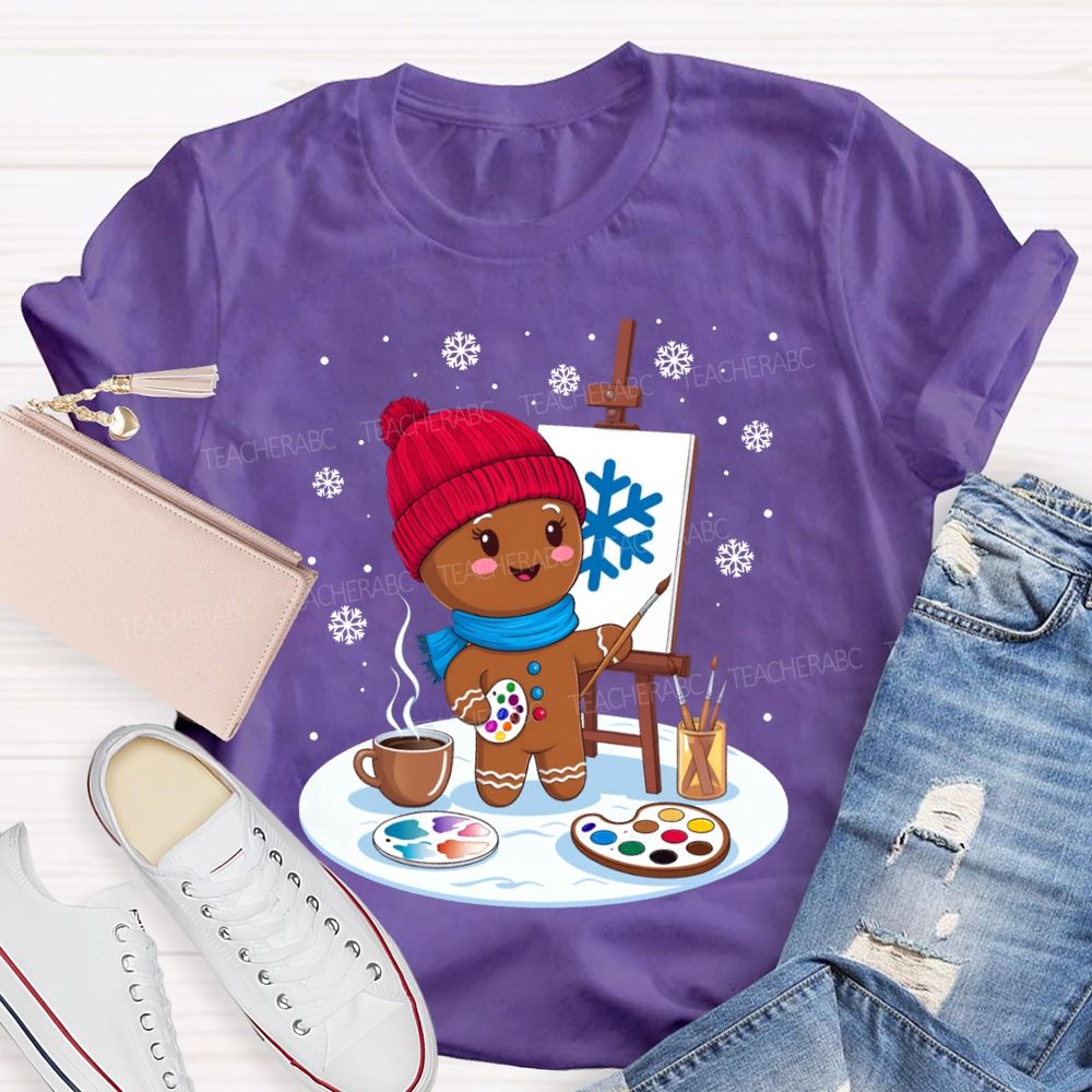 Gingerbread Man Drawing In The Snow Art Teacher Merry Christmas T-shirt
